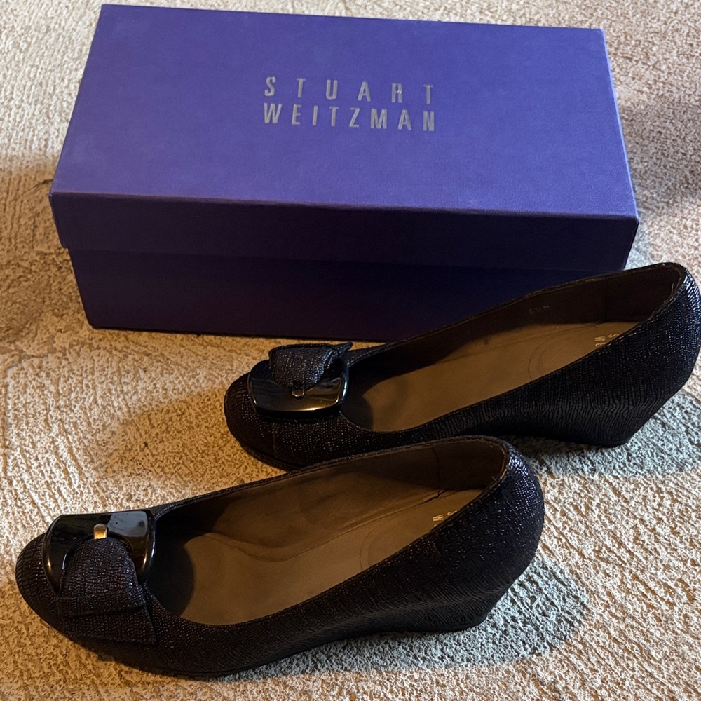 Stuart Weitzman Black Wedges with Bow Accent